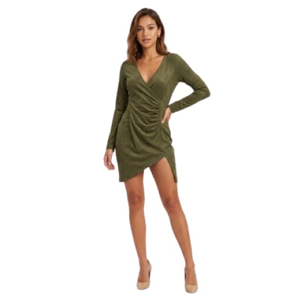 Solemio Olive Green Faux Suede Womens V-neck Long Sleep Wrap Mini Dress Size Med